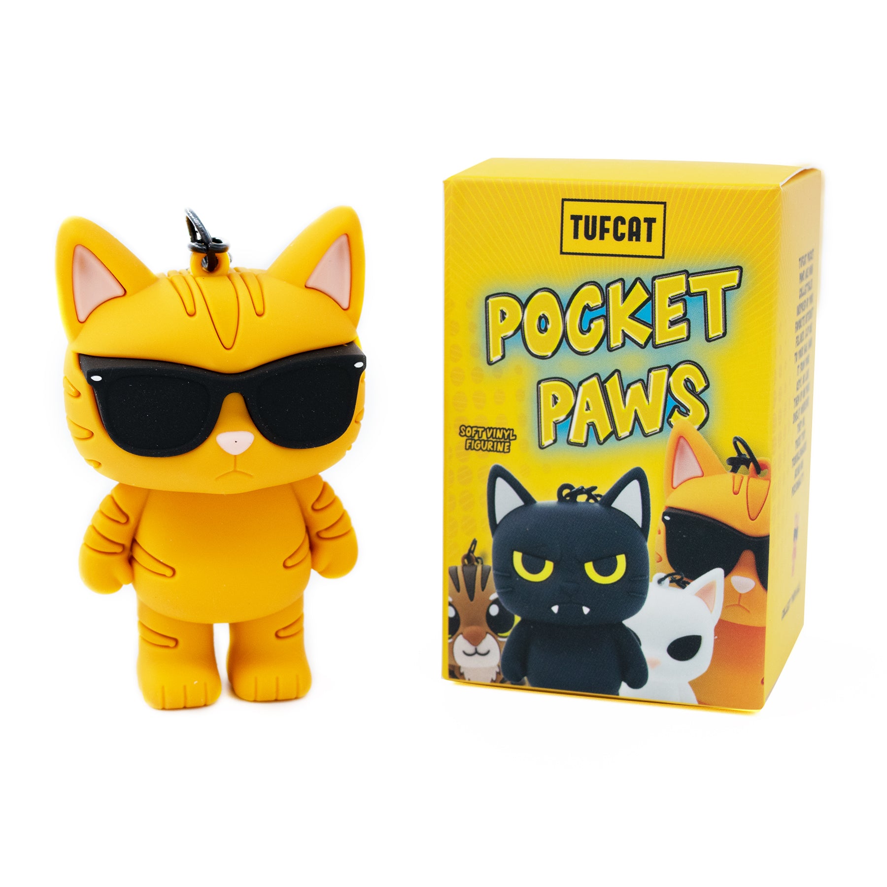 Orange cat bag charm keychain featuring Pablo the Race cat from TUFCAT Pocket Paws with box