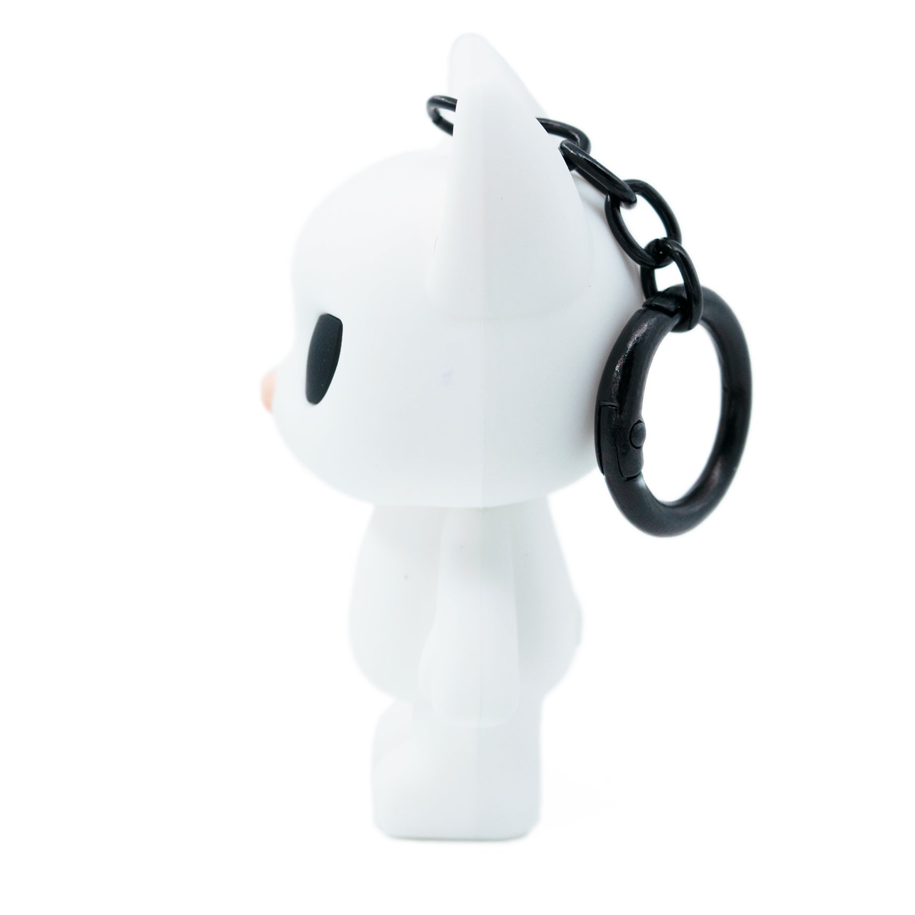 White cat bag charm keychain featuring James meme cat from TUFCAT Pocket Paws side view