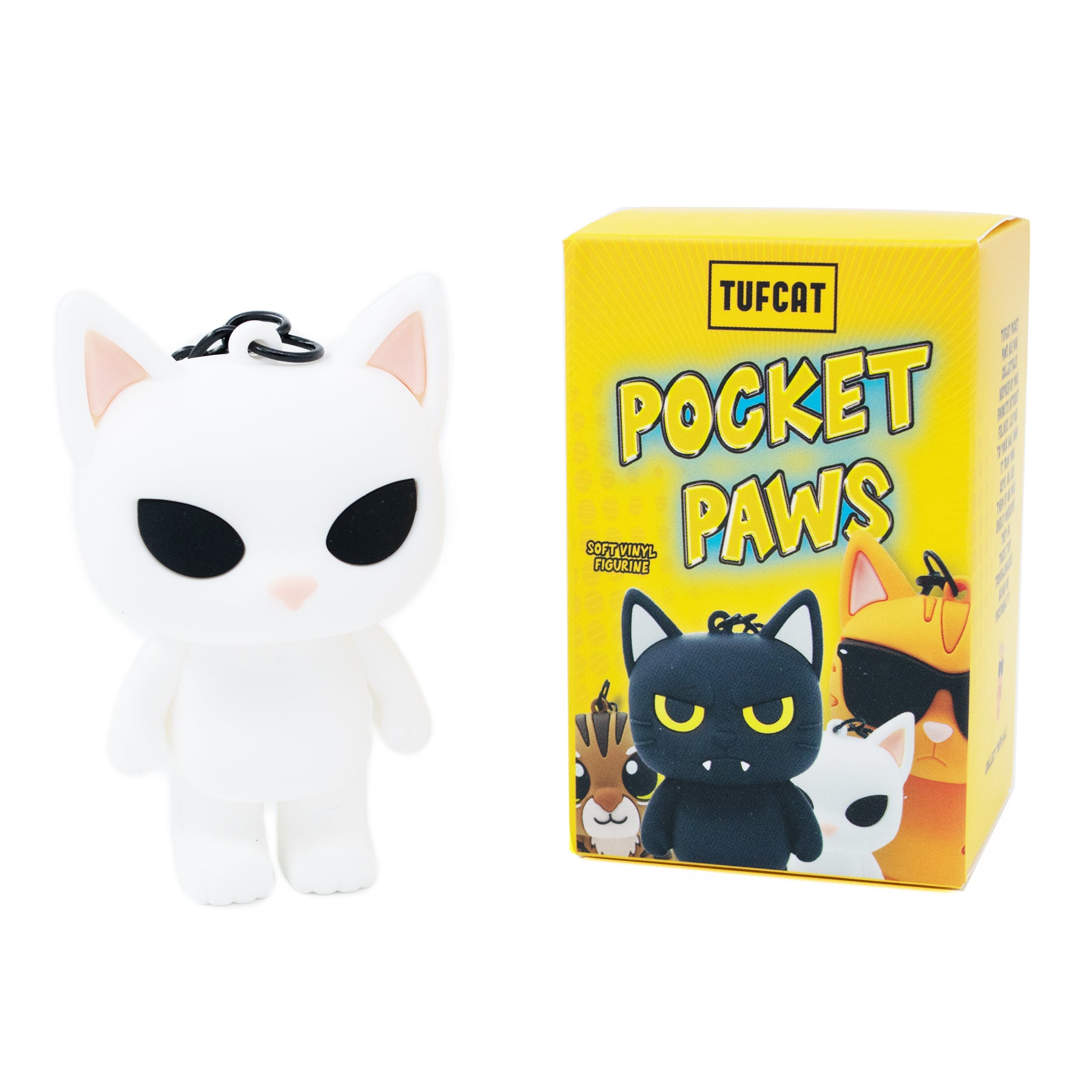 White cat bag charm keychain featuring James meme cat from TUFCAT Pocket Paws with box