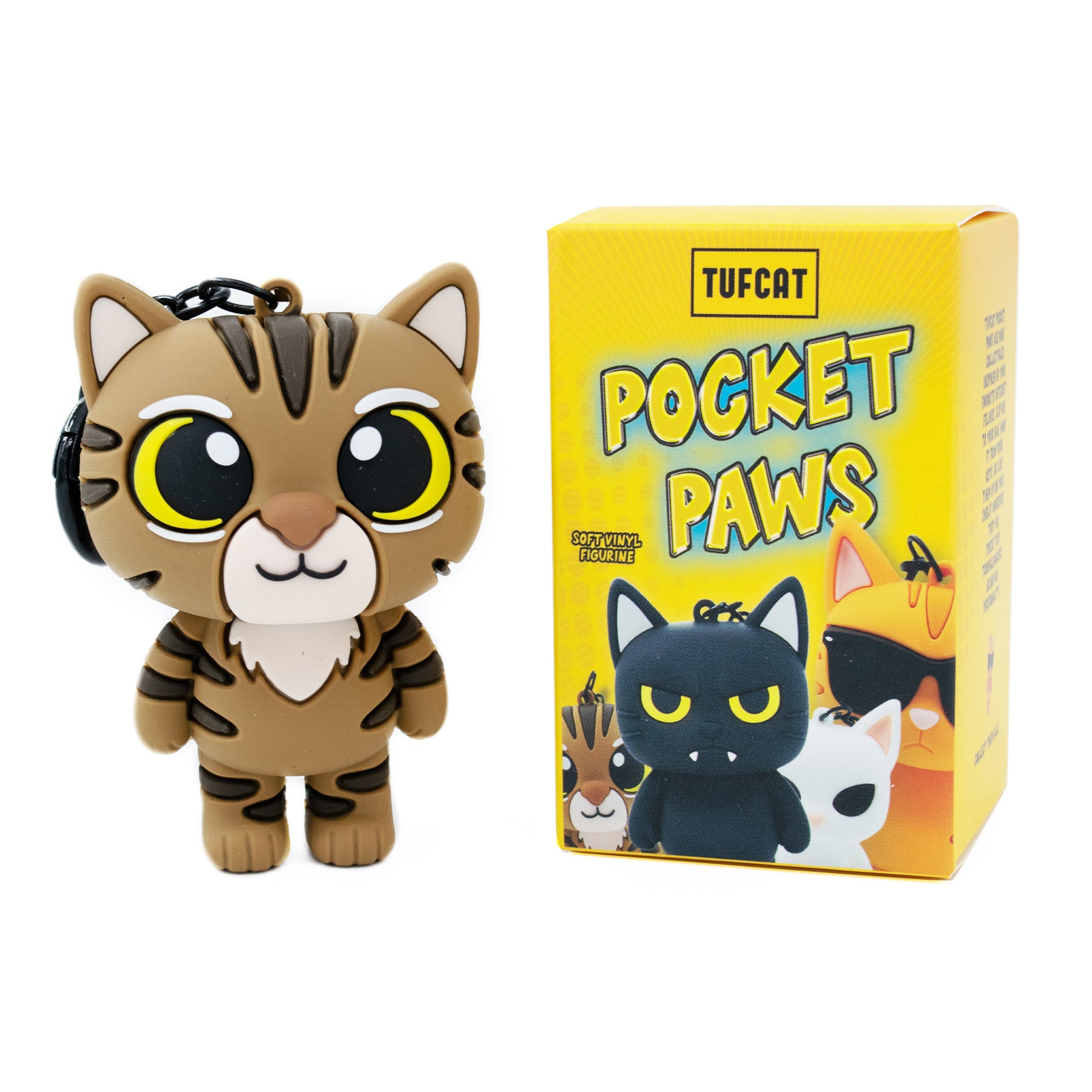 Cat bag charm keychain featuring Turn Signal cat from TUFCAT Pocket Paws
with box