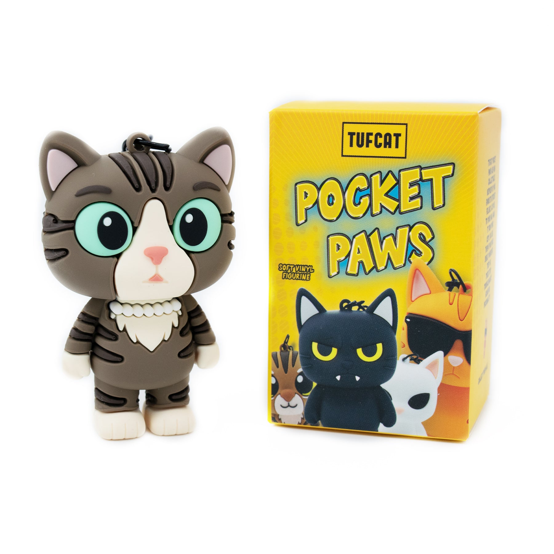 Cat bag charm keychain featuring Winky cat from TUFCAT Pocket Paws with box